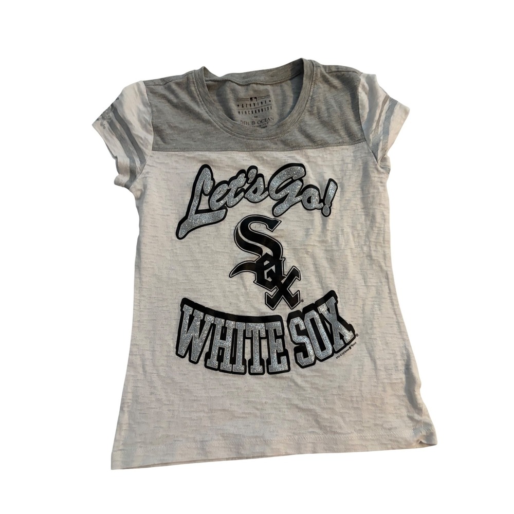 5th & Ocean Chicago White Sox Graphic Tee Sporty‎ White Silver Glitter Size 7